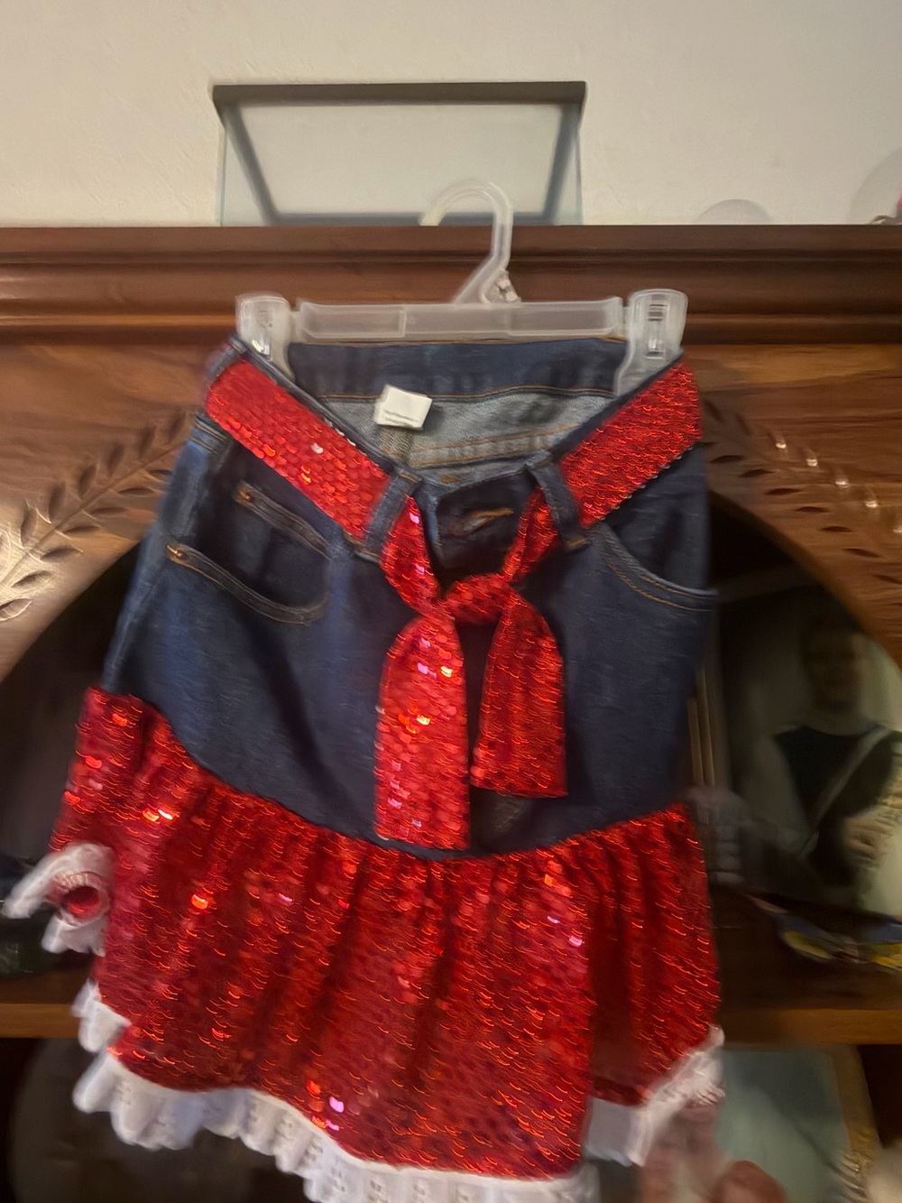 Girls Denim Skirt with Red Sequin Trim